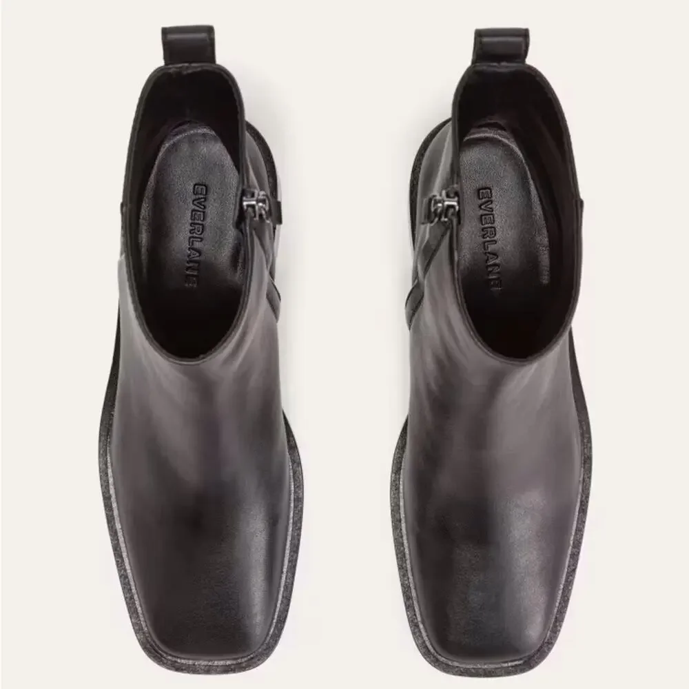 EVERLANE The City Boot Black Leather Pull Tab Side Zip Block Heel Size 7.5